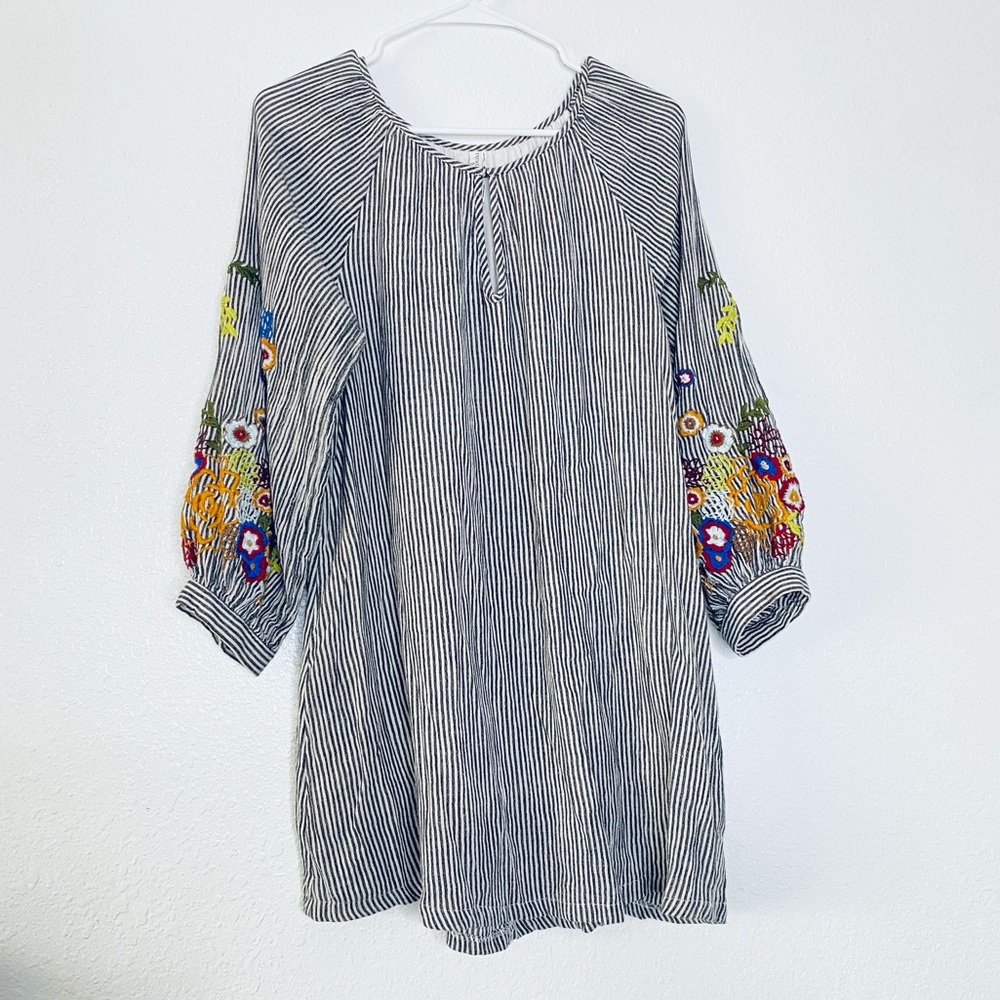 🍓 Feather Bone By Anthropologie Striped Embroidered Lindsey Tunic Dress Small